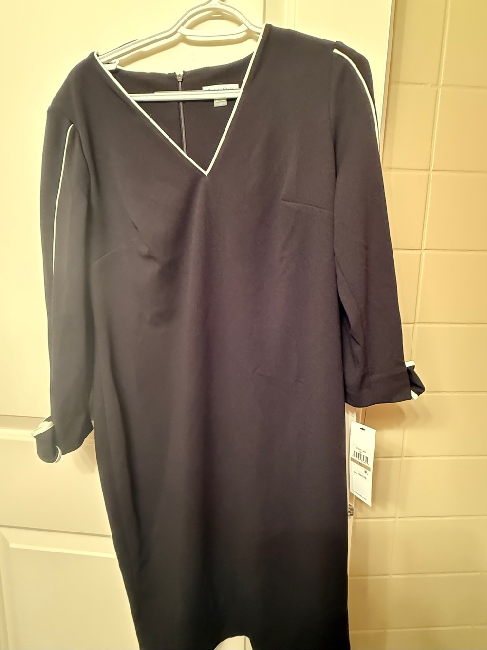 Calvin Klein Black Midi Shift Dress with White Piping